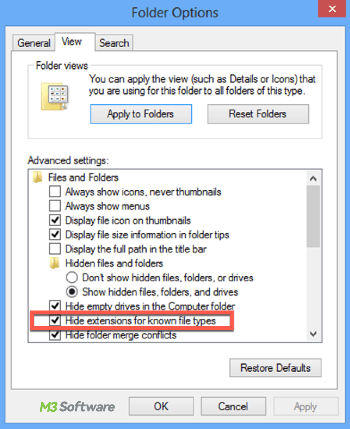 Display file extensions on Windows 8