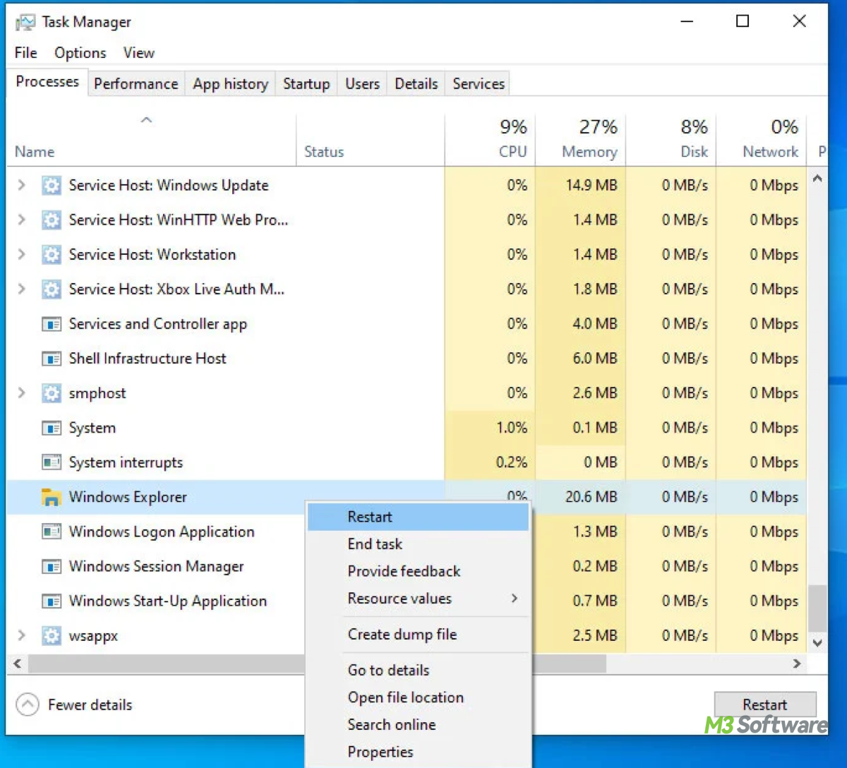 Restart Windows Explorer in Task Manager