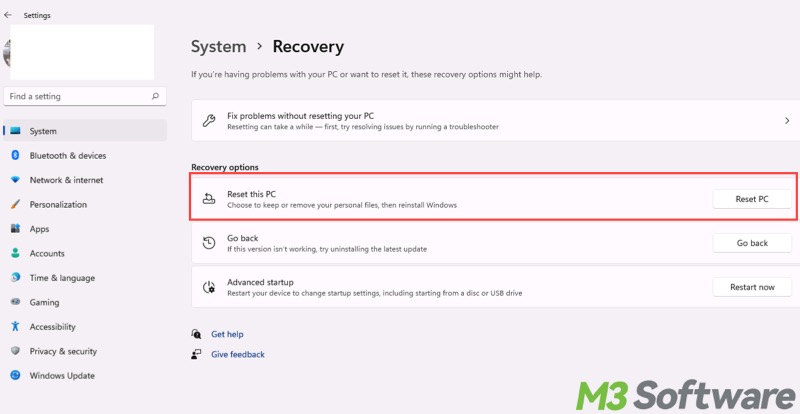 reset this PC in Windows 11