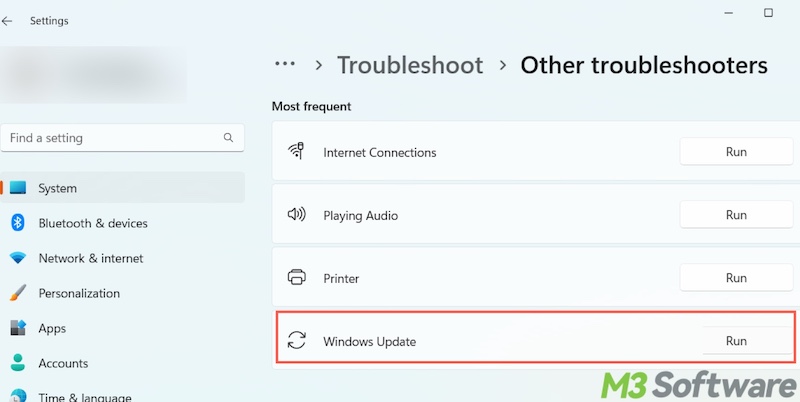 Windows update troubleshooter in Windows 11