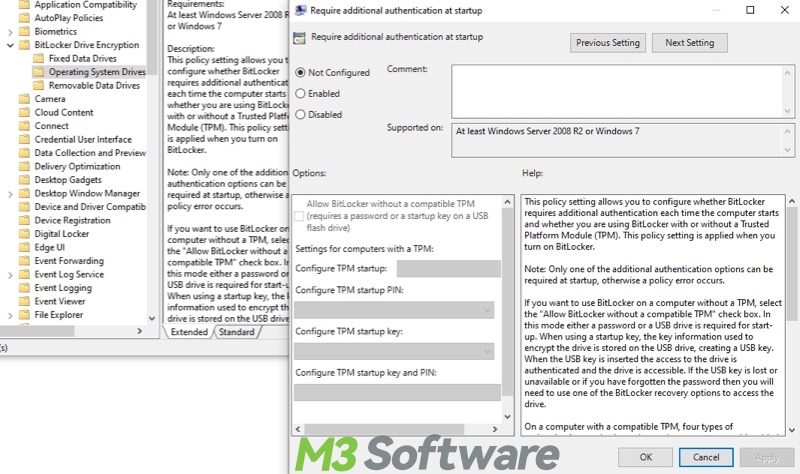 BitLocker policy require additional authentication at startup