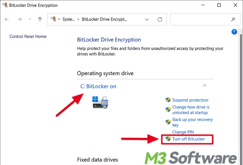 turn off BitLocker via BitLocker Drive Encryption panel