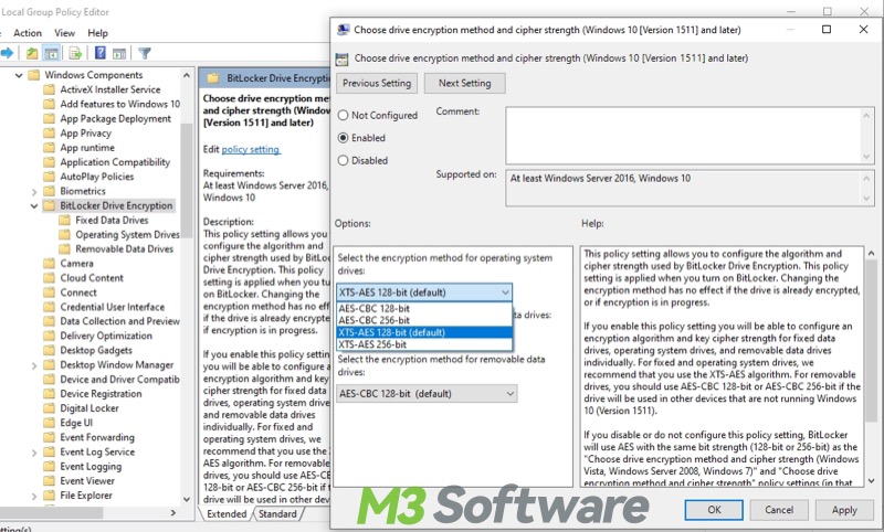 BitLocker Group Policy choose drive encryption method and cipher strength