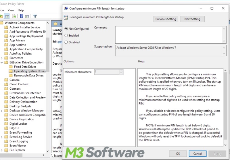 BitLocker Group Policy configure minimum PIN length for startup