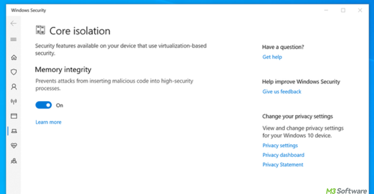 Memory Integrity option in Windows Security