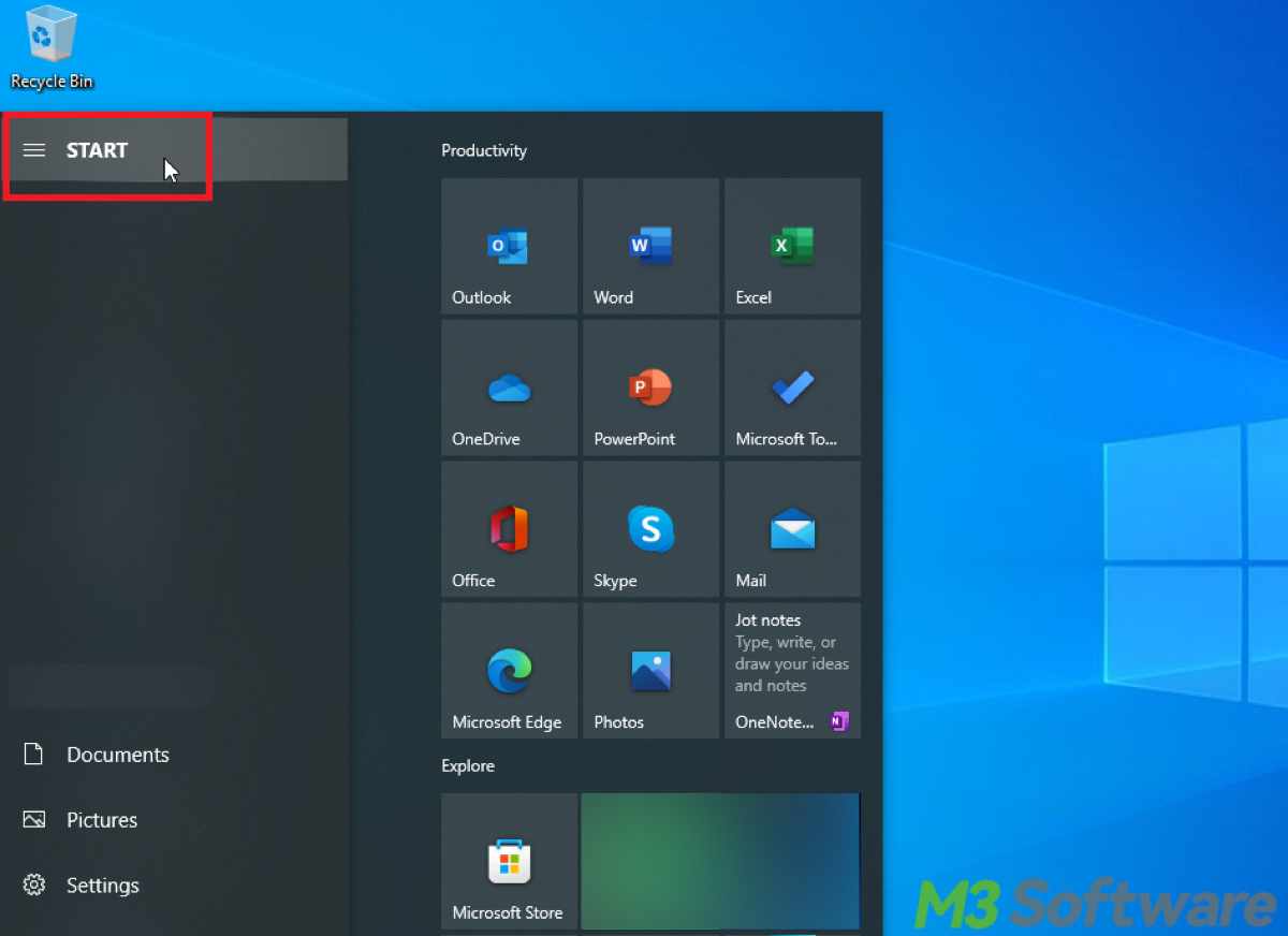 Start button on Start Menu