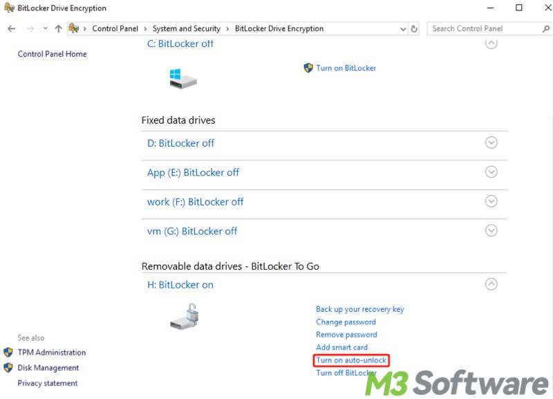 turn on BitLocker auto unlock via Control Panel