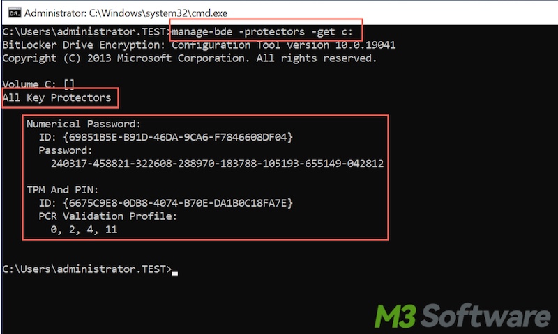 check BitLocker key protectors vid Command Prompt