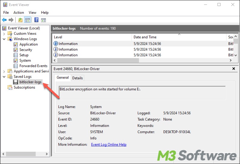 view BitLocker driver logs in Event Viewer
