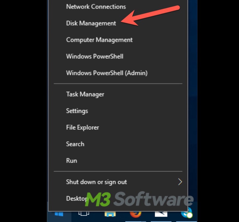 right click Start menu to open Disk Management