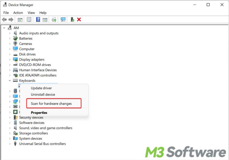 scan hardware changes in Windows Device Manager