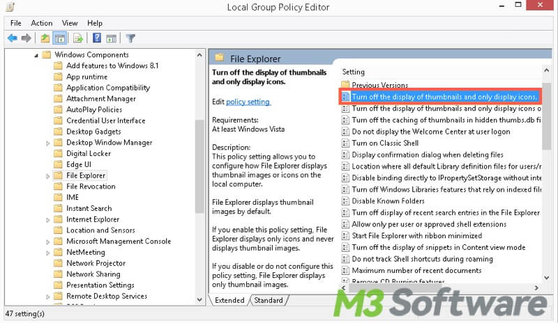 disable thumbnail cache via local group policy editor in Windows 10