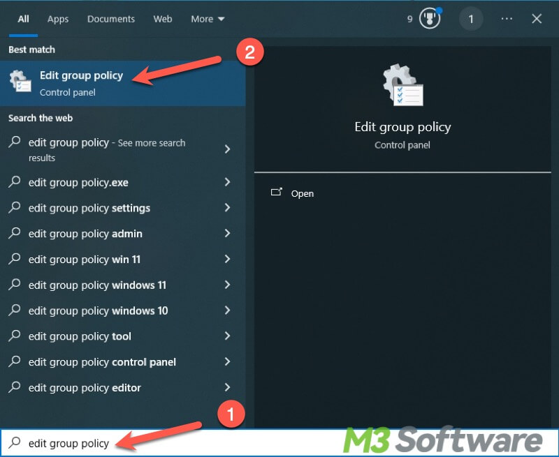 type edit group policy in Windows search bar