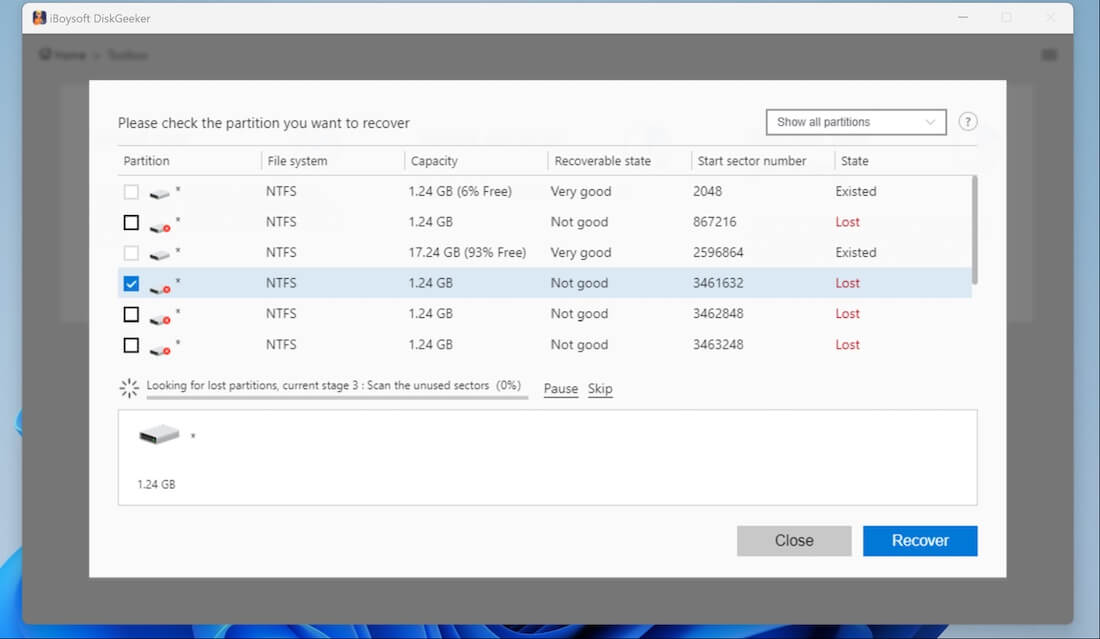 Select partitions for recovery