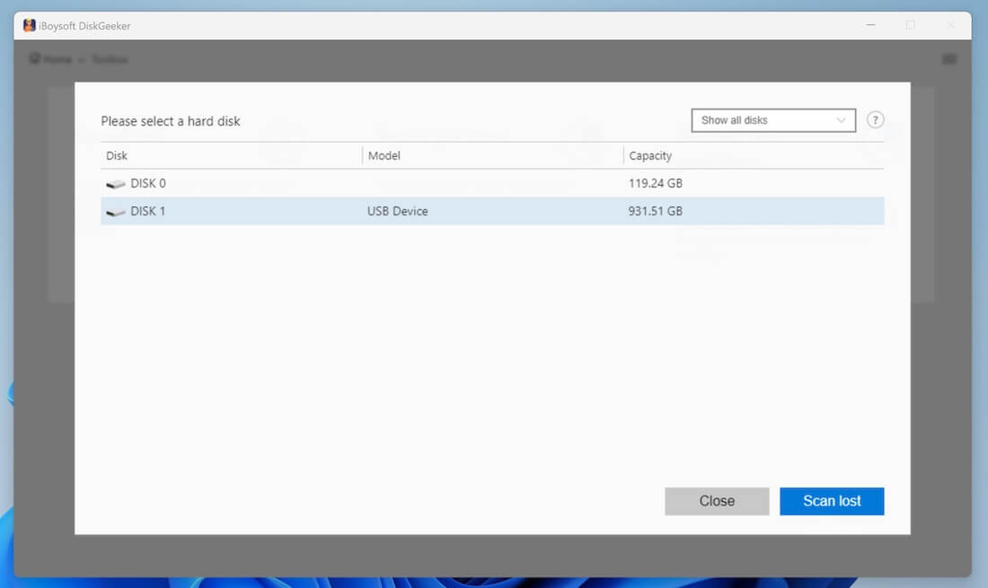 Select disk to scan lost partitions