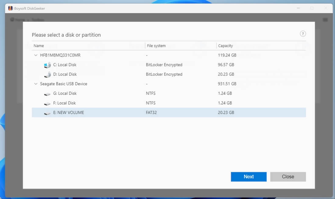 Select partition or disk to test speed