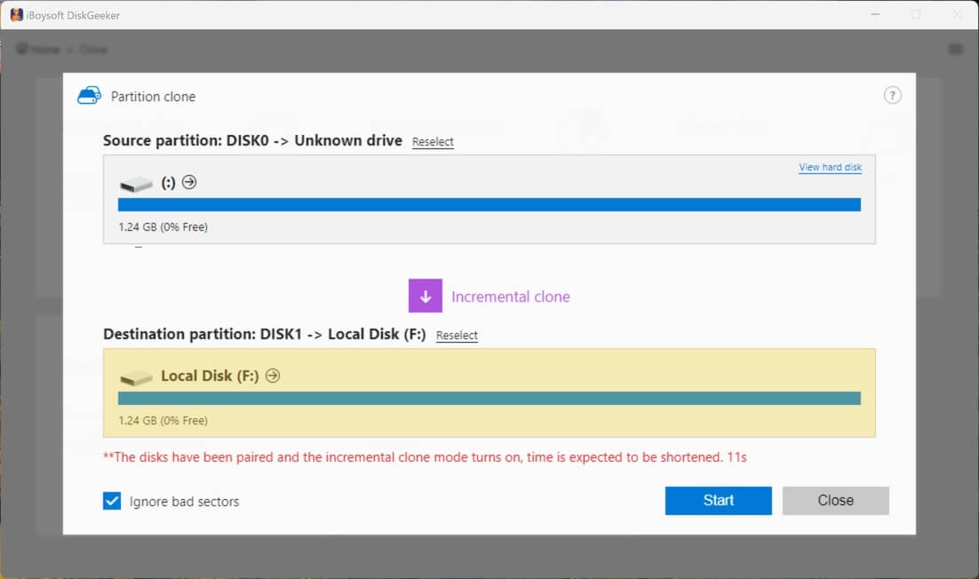 choose a target disk for incremental clone