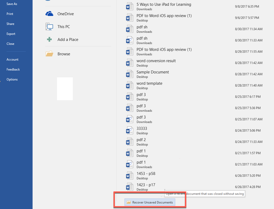 where are word temp files stored word 2016