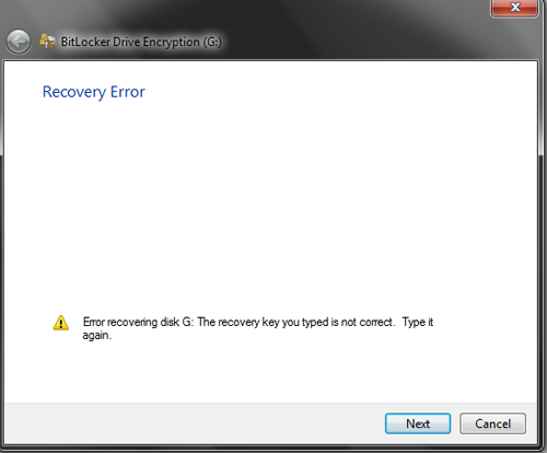 Recovery error: The recovery key you typed is not correct