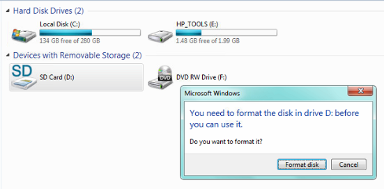 you need to format the disk in drive f sd card