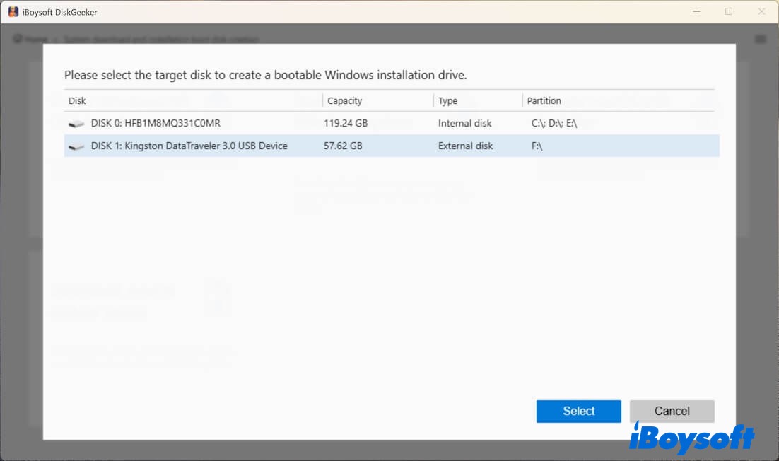Selecting an external drive to create a Windows bootable USB