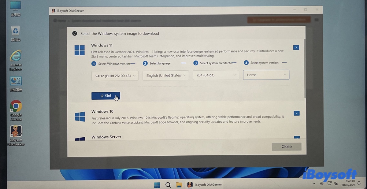 Clicking Get to download the customized Windows 11 ISO file