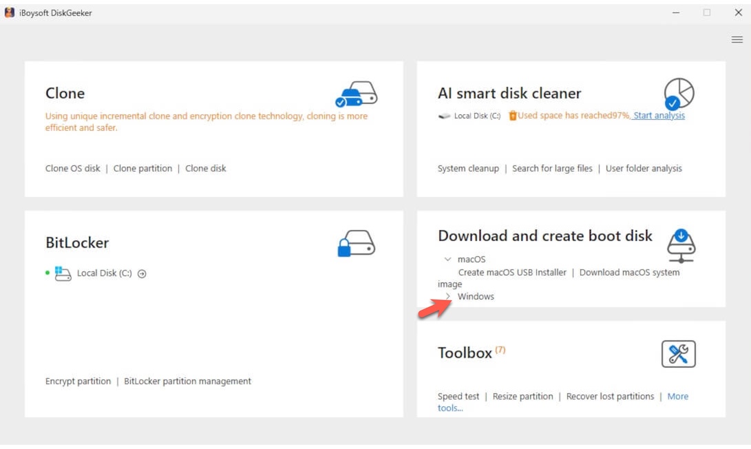 main interface of iBoysoft DiskGeeker for Windows